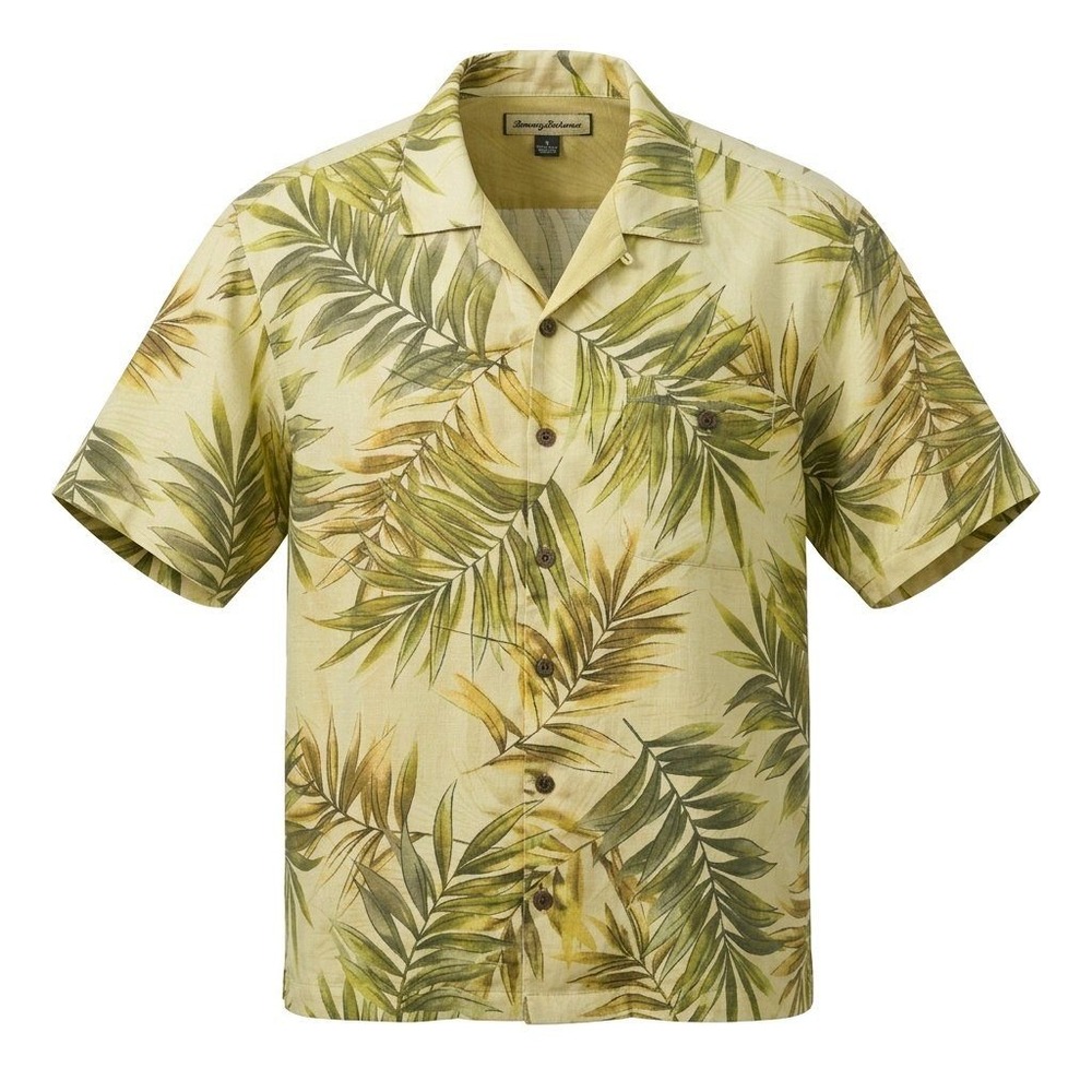 Tommy Bahama Mens M 100% Silk Short Sleeve Palm Leaf Tropical Camp Shirt Yellow